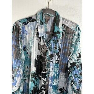 Chicos Blue Green Floral Stripes Sheer Sz 3, XL Button Up Woman’s Dress, Coverup
